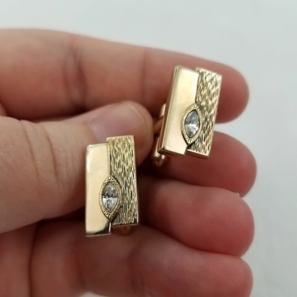 Hickok‎ Cufflinks Gold Tone Rhinestone Mid Century
